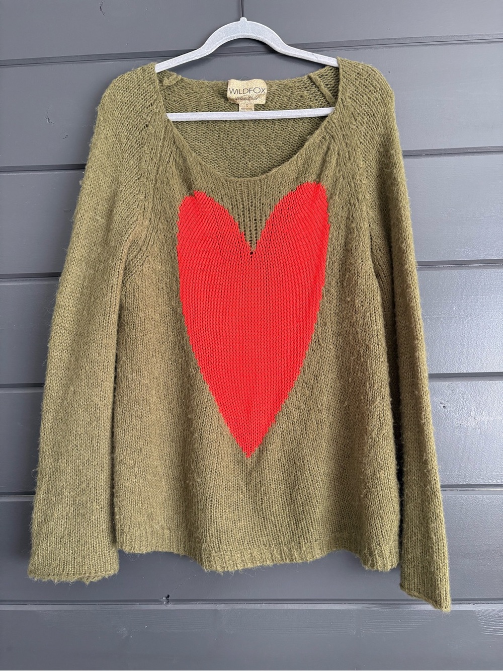 Wildfox Olive Sweater with Red Heart Graphic